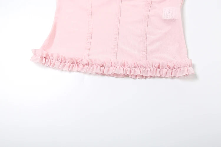 See Through Patchwork Strapless Top With Fishbone Detail Backless Fashion