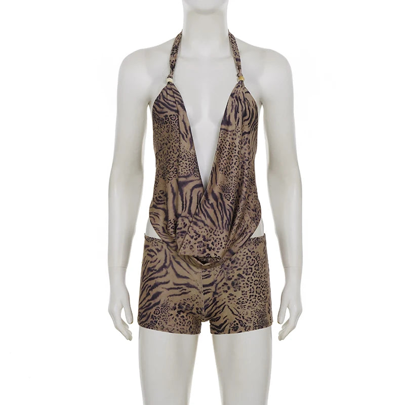 Leopard Print two piece Set Halter Crop Top With Deep V Backless Low Rise Shorts Outfit