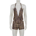 Leopard Print two piece Set Halter Crop Top With Deep V Backless Low Rise Shorts Outfit