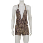 Leopard Print two piece Set Halter Crop Top With Deep V Backless Low Rise Shorts Outfit
