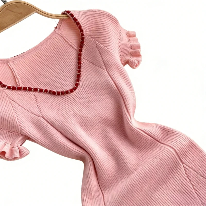 Ribbed Knit Sundress With Ruffle Trim V Neck Chic Glam Glow
