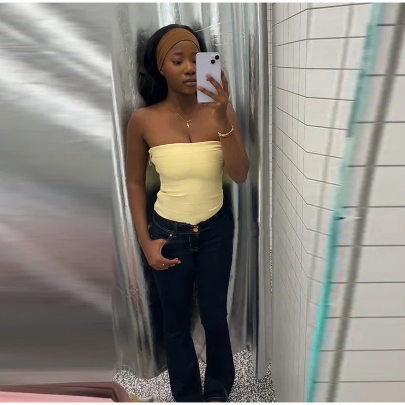 Sultry Bandage Corset Top Off Shoulder Crop With Stripe Accent