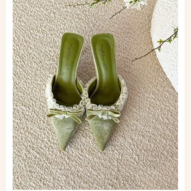 Velvet Lace Bow Heels For Elegant Outfits With Delicate Silhouette And Timeless Charm