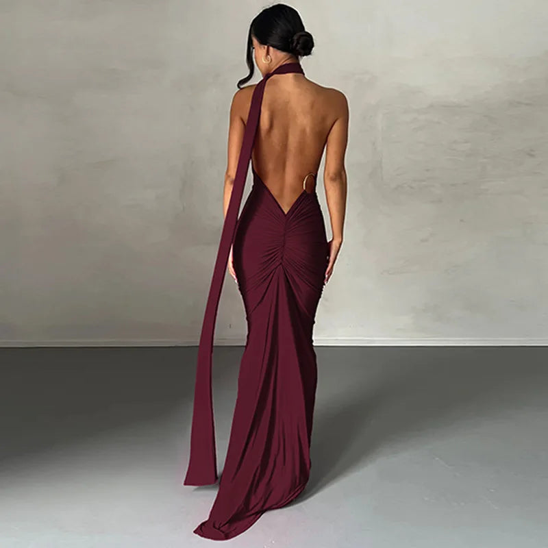 One Shoulder Backless Ruched Slim Long Dress