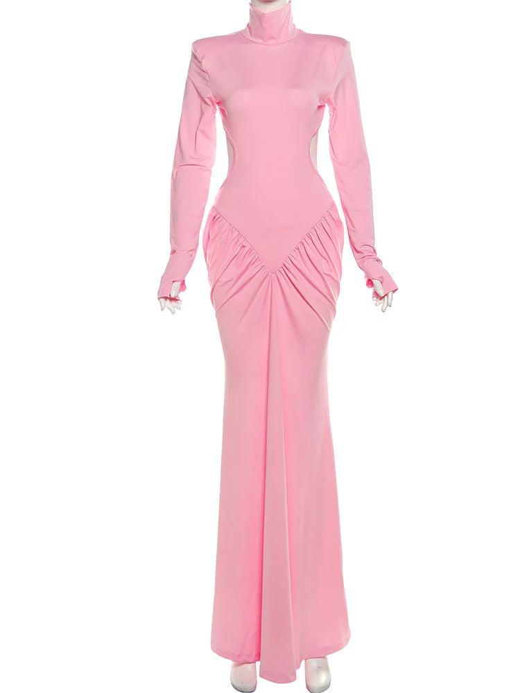 Peach Backless Maxi Dress With Waistless Silhouette And Ruched Elegance