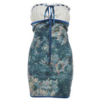 Ribbon Bow Women Lace Patchwork Art Print Folds Mini Body-con Dress