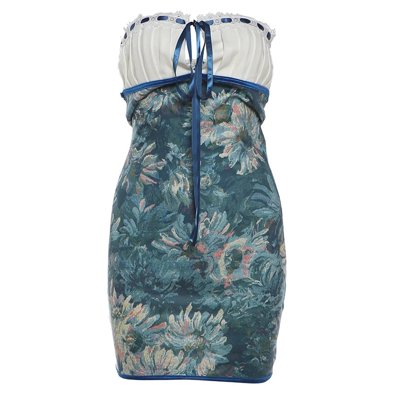 Ribbon Bow Women Lace Patchwork Art Print Folds Mini Body-con Dress