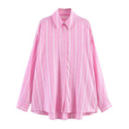Pink Stripe Shirt Set With Pleated Long Skirt Elegant Two Piece Suit