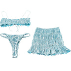 Fashion Metallic Shiny Women Ruched Crop Tops+Mini Skirts+Panties 3 Piece Outfits
