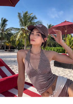 Checkered V Neck One Piece Swimsuit With Belly Coverage And Open Back