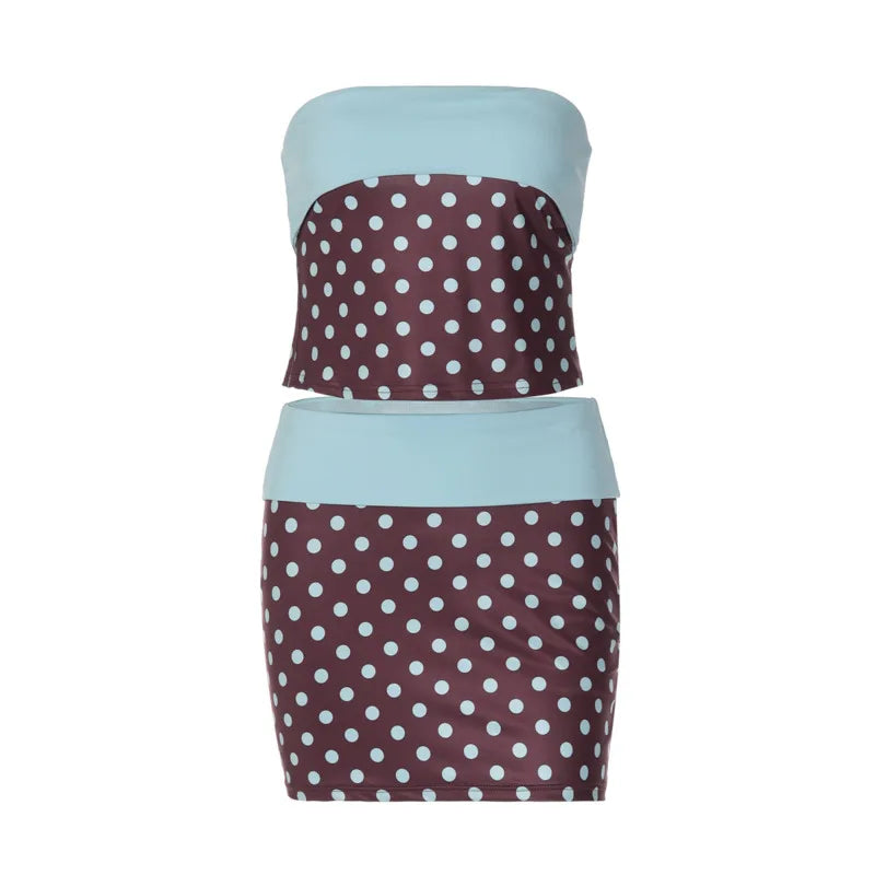 Polka Dot Strapless Vest Top And Color Block Two Piece Set For High Waist Summer Chic Bodycon Skirt Outfit