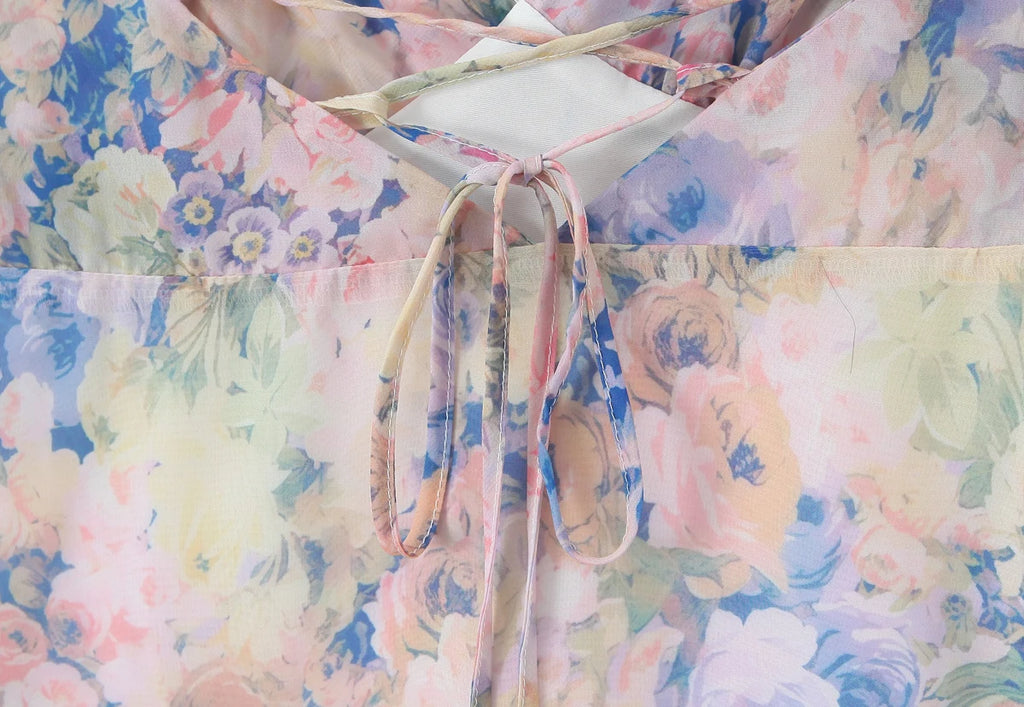 Gradient Floral Ruffles Chiffon Dress With V Neck Backless