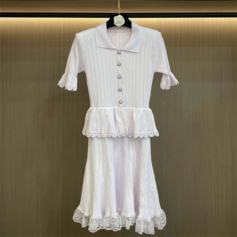 Lace Patchwork Dress With Ruffle Layers And Short Sleeves