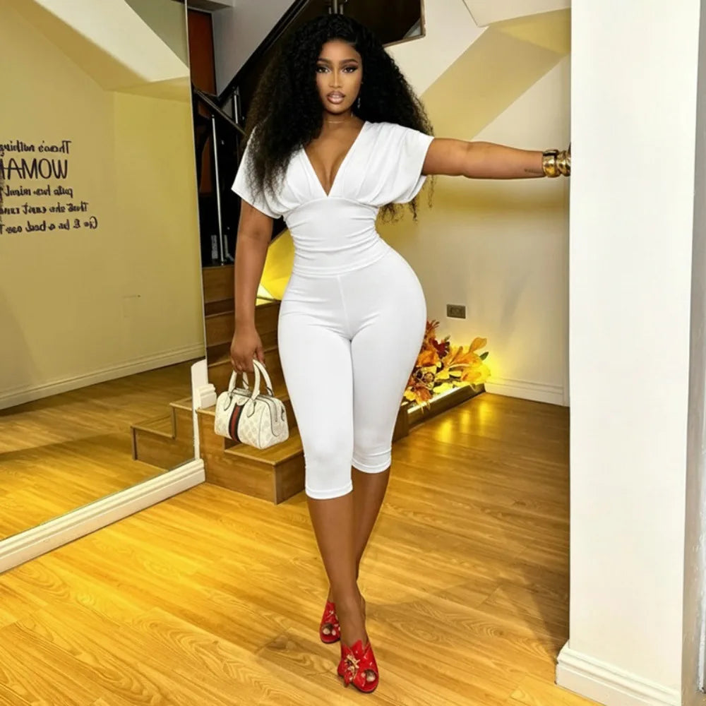 Two Piece Solid Color Set With Deep V Neck Ruched Crop Top And Capri Pants
