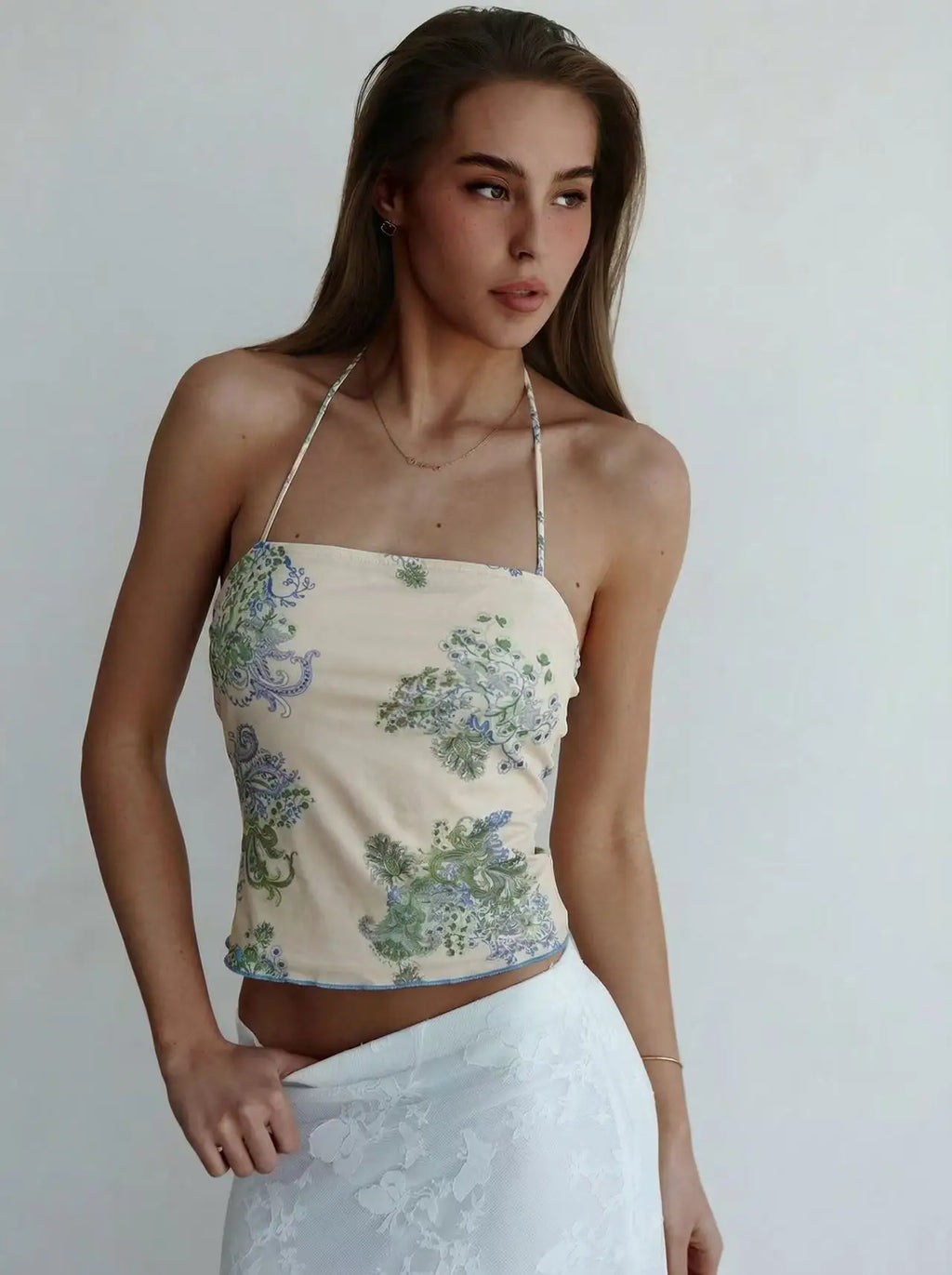Cozy Knit Crop Top With Allover Print And Backless Tie Accent