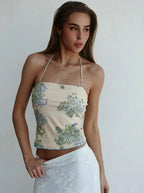 Cozy Knit Crop Top With Allover Print And Backless Tie Accent
