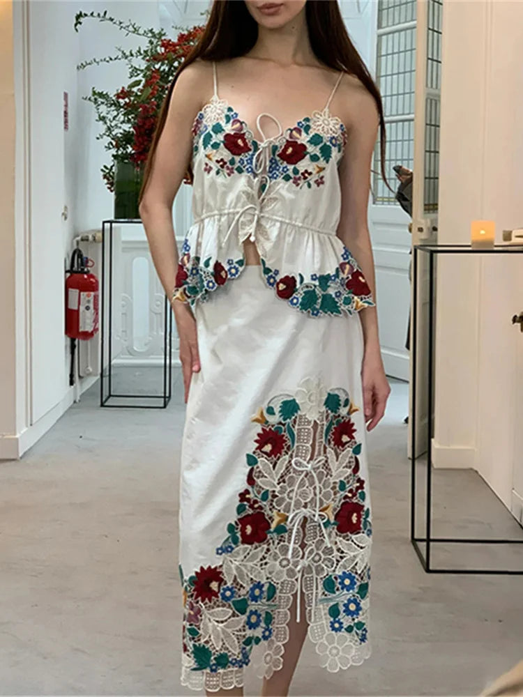 Romantic Floral Lace Embroidered Midi Set With Sleeveless Top And Side Slit Skirt