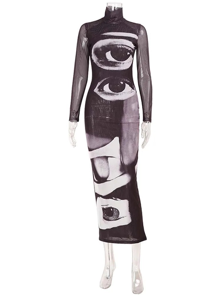Printed Maxi Dress With Turtleneck And Long Sleeves Slim Fit