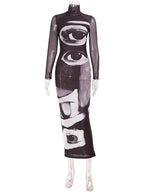Printed Maxi Dress With Turtleneck And Long Sleeves Slim Fit