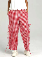 Plaid Wide Leg Pants With Side Tie Hollow Out Detail Loose Fit Trousers
