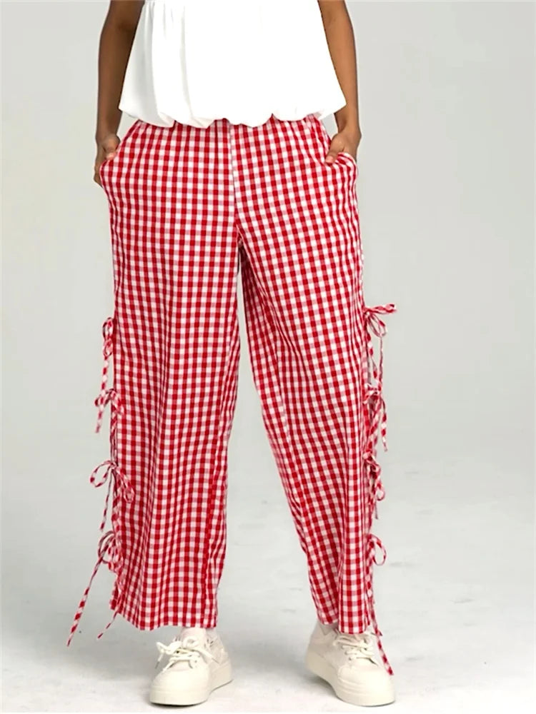 Plaid Wide Leg Pants With Side Tie Hollow Out Detail Loose Fit Trousers