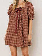 Gingham Babydoll Mini Dress With Puff Sleeves And Bow