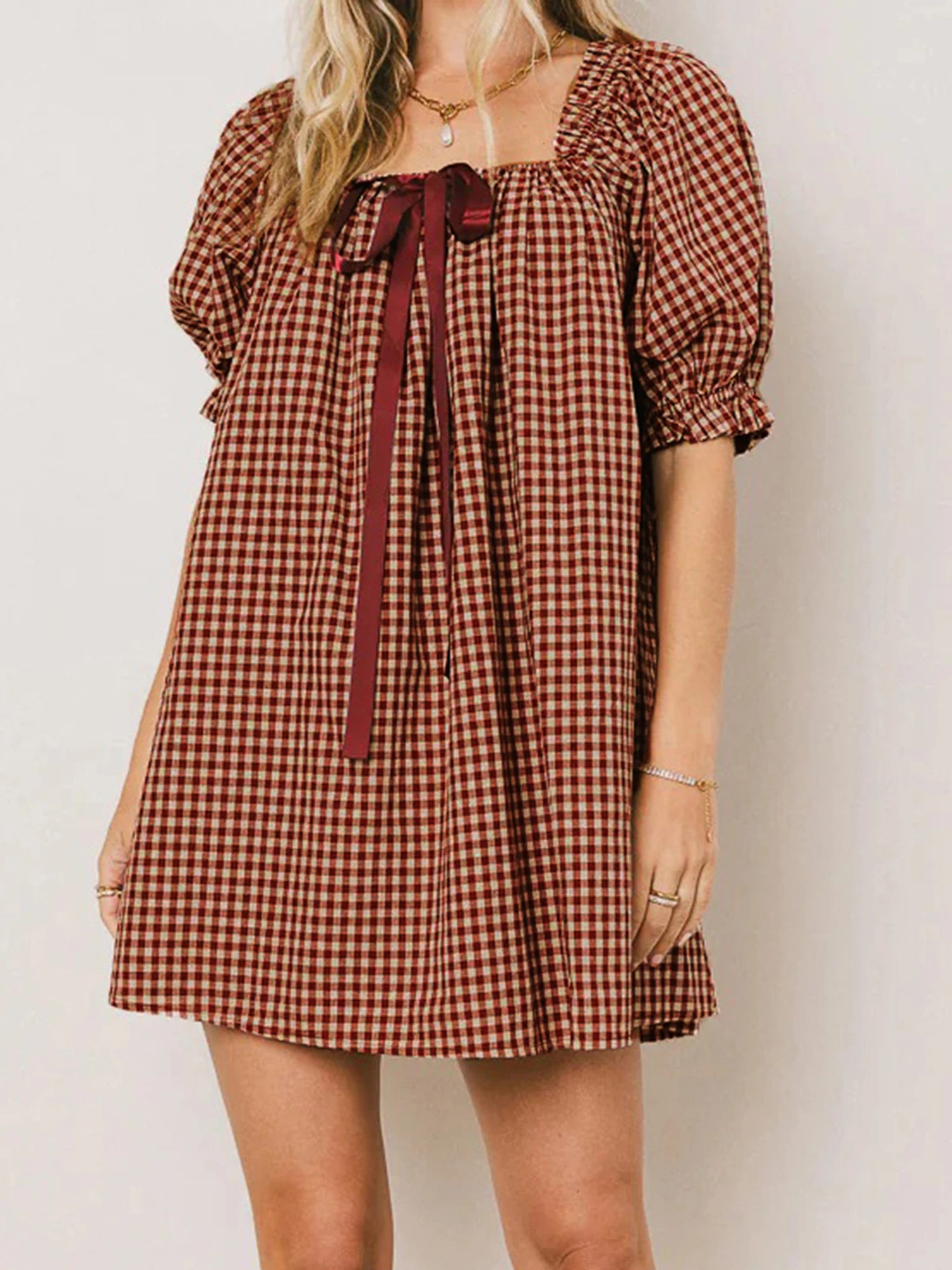 Gingham Babydoll Mini Dress With Puff Sleeves And Bow