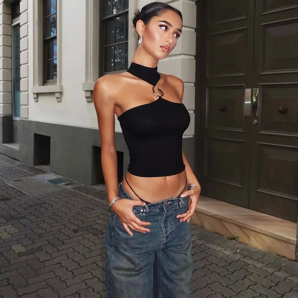 Halter Off Shoulder Crop Top For Women Backless Tank