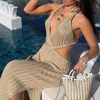 Hollow Knit Maxi Dress With V Neck Sleek Slim Fit Elegant High Slit