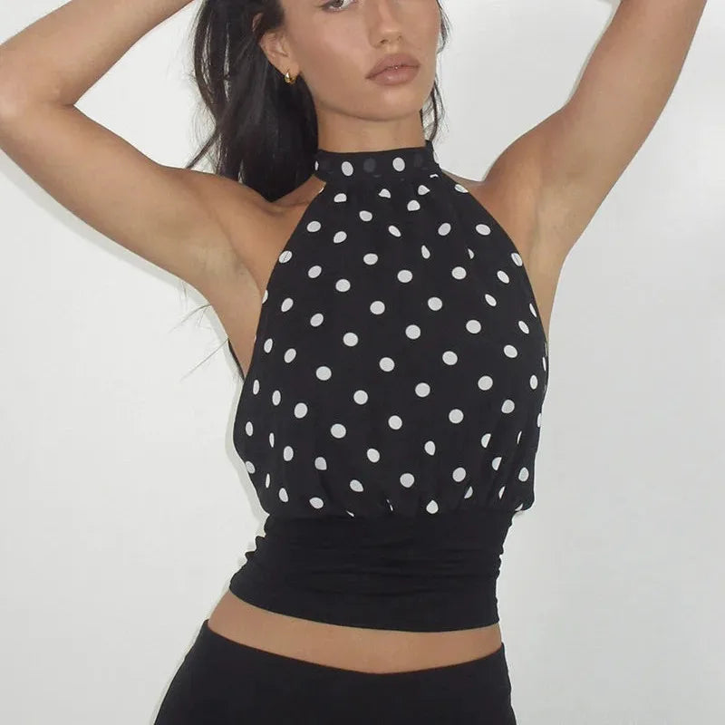 Vintage Open Back Halter Tank Top Dot Print Slim Fit Camisole