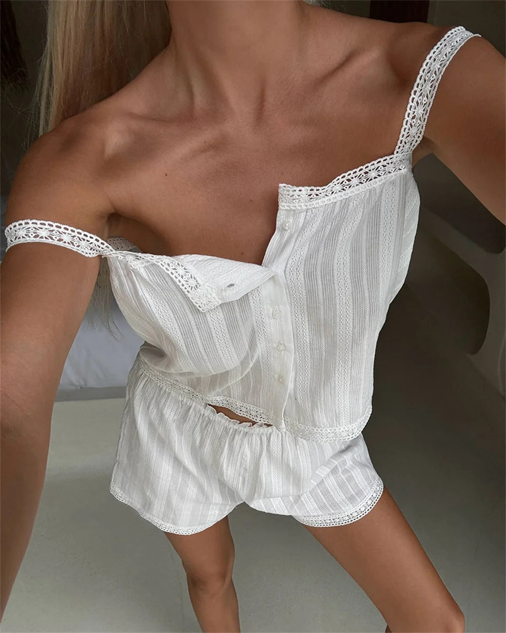 Fashion Pure Cotton Comfortable Soft Strap Short Pants Sleepwear Two-Piece Set
