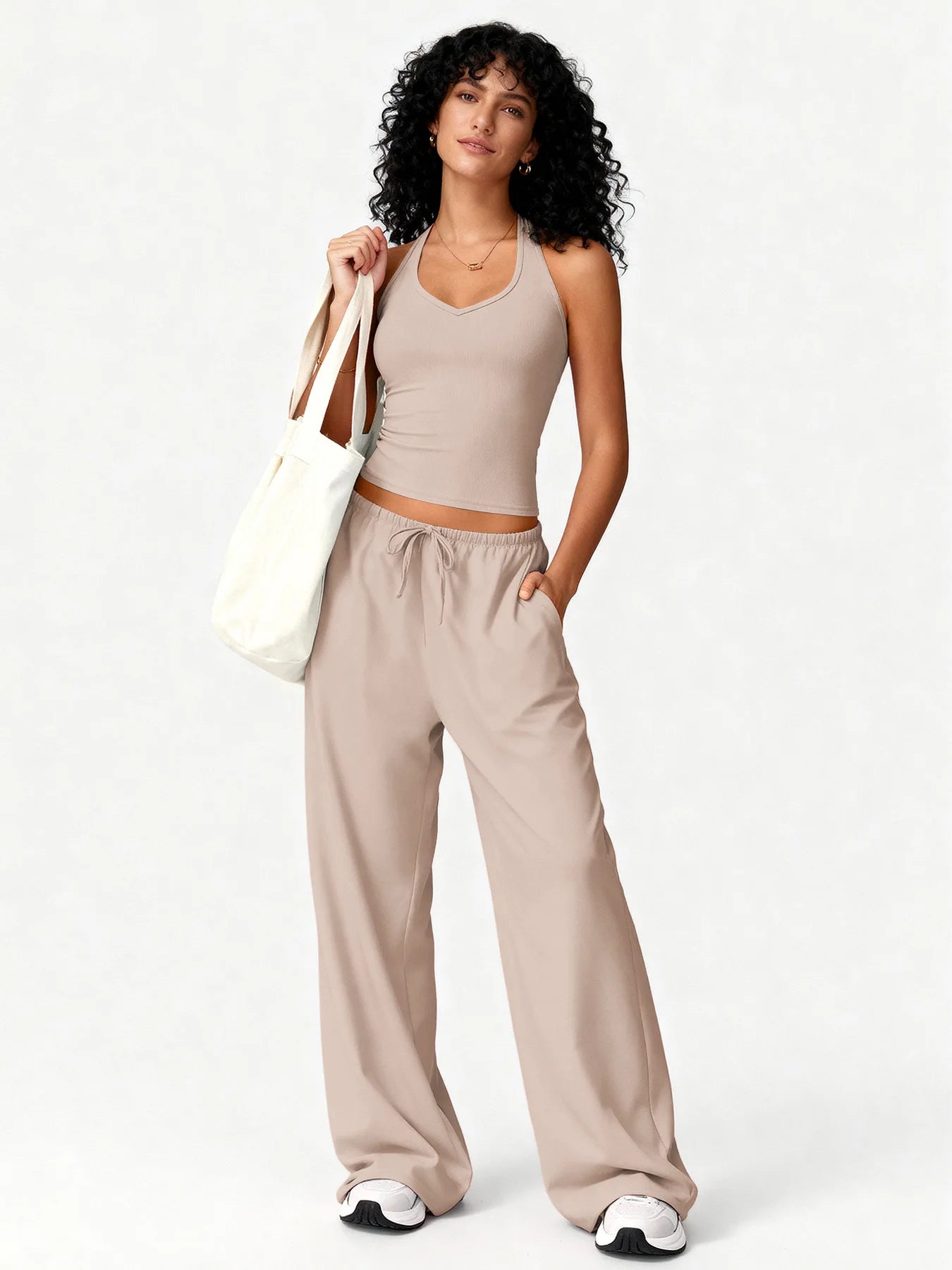 Two Piece Set With Sleek V Neck Tank Backless Detail And Wide Leg Pants