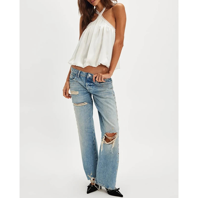 Cross Button Halter Top With Backless Design And Puffball Hem