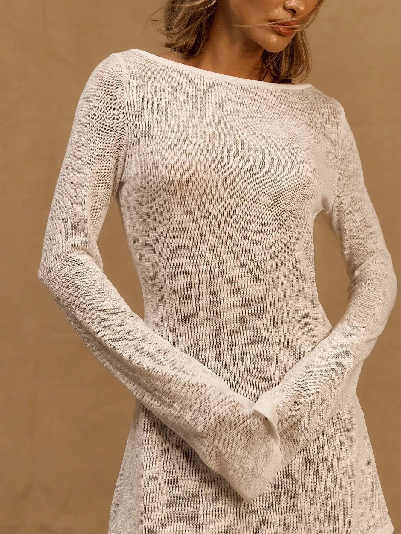 A Line Knit Mini Dress With Slash Neck And Bell Sleeves