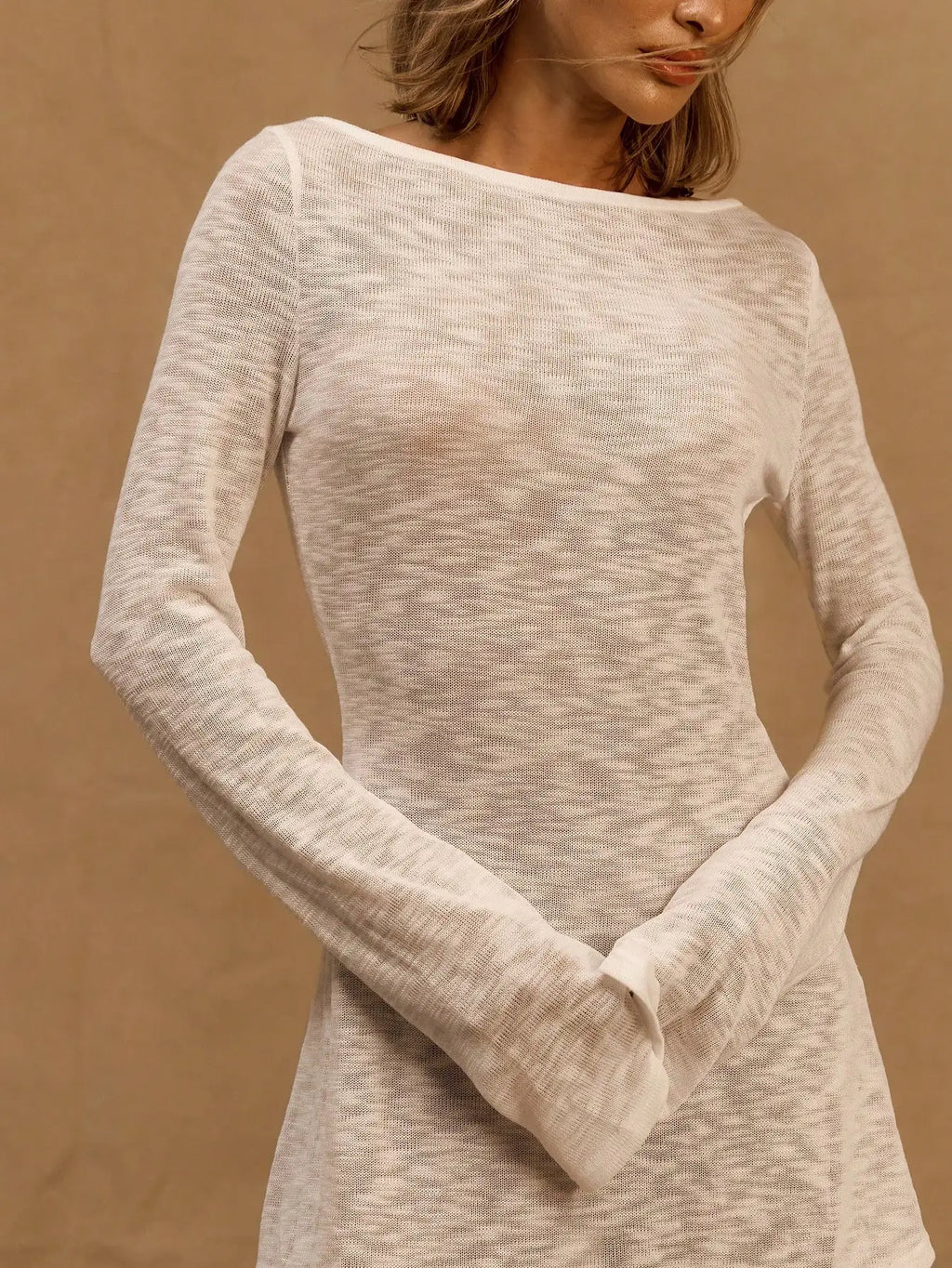 A Line Knit Mini Dress With Slash Neck And Bell Sleeves