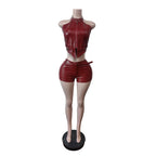 Luxe Two Piece Belted PU Set With Zip Halter Top And Skinny Shorts