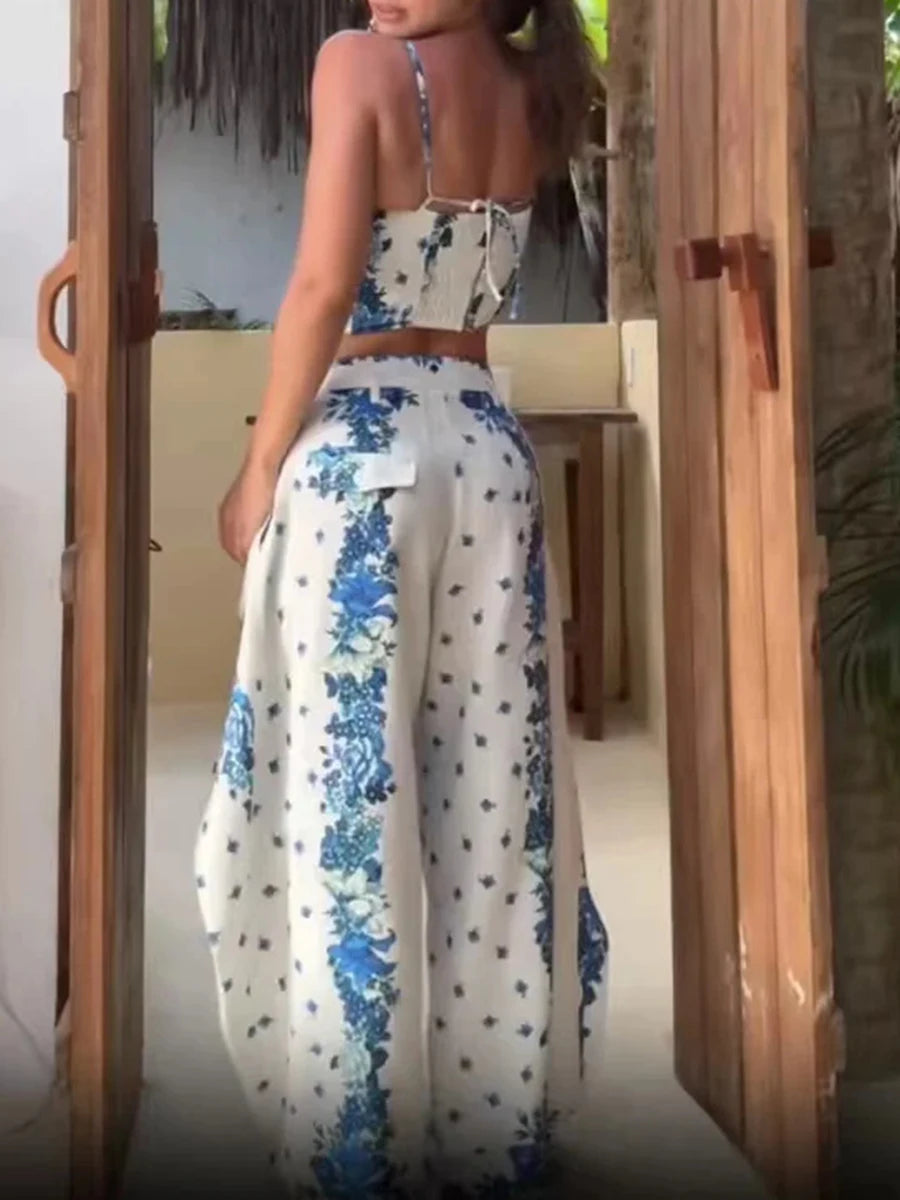 Boho Floral Dream Two Piece Set With Corset Wrap And Wide Leg Pants