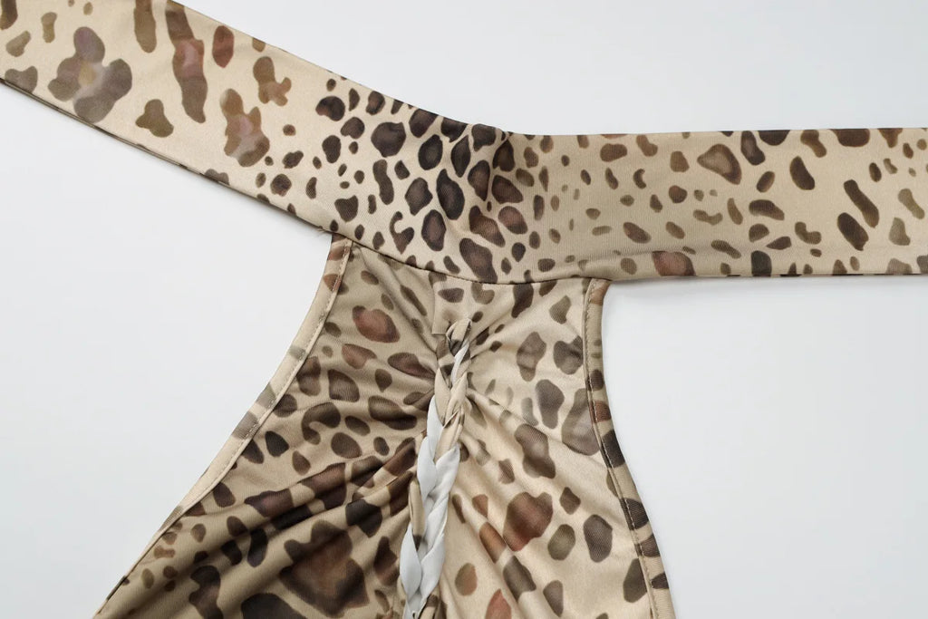 Leopard Print Halter Maxi Dress With Backless Silhouette Embellished Bandage Style