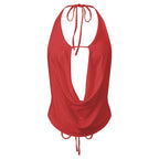Silky Satin Halter Crop Top With Cowl Neck Backless
