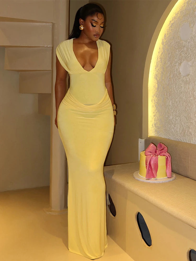 Sleeveless Ruched V Neck Bodycon Maxi Dress