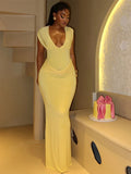 Sleeveless Ruched V Neck Bodycon Maxi Dress