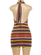 Stripe Patchwork Bodycon Mini Dress Halter Backless Off Shoulder