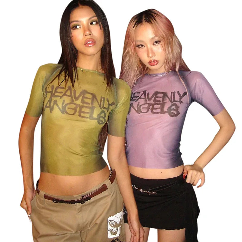 Y2K Letter Print See Through Graphic Tee For Women Short Sleeve Aesthetic Streetwear