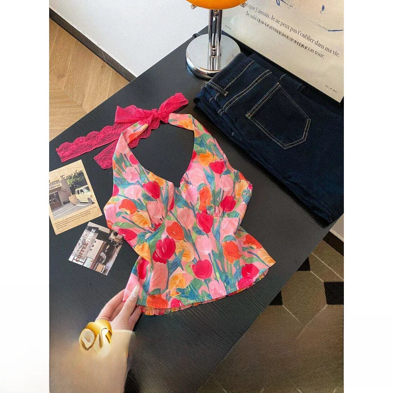 Retro Floral V Neck Halter Top