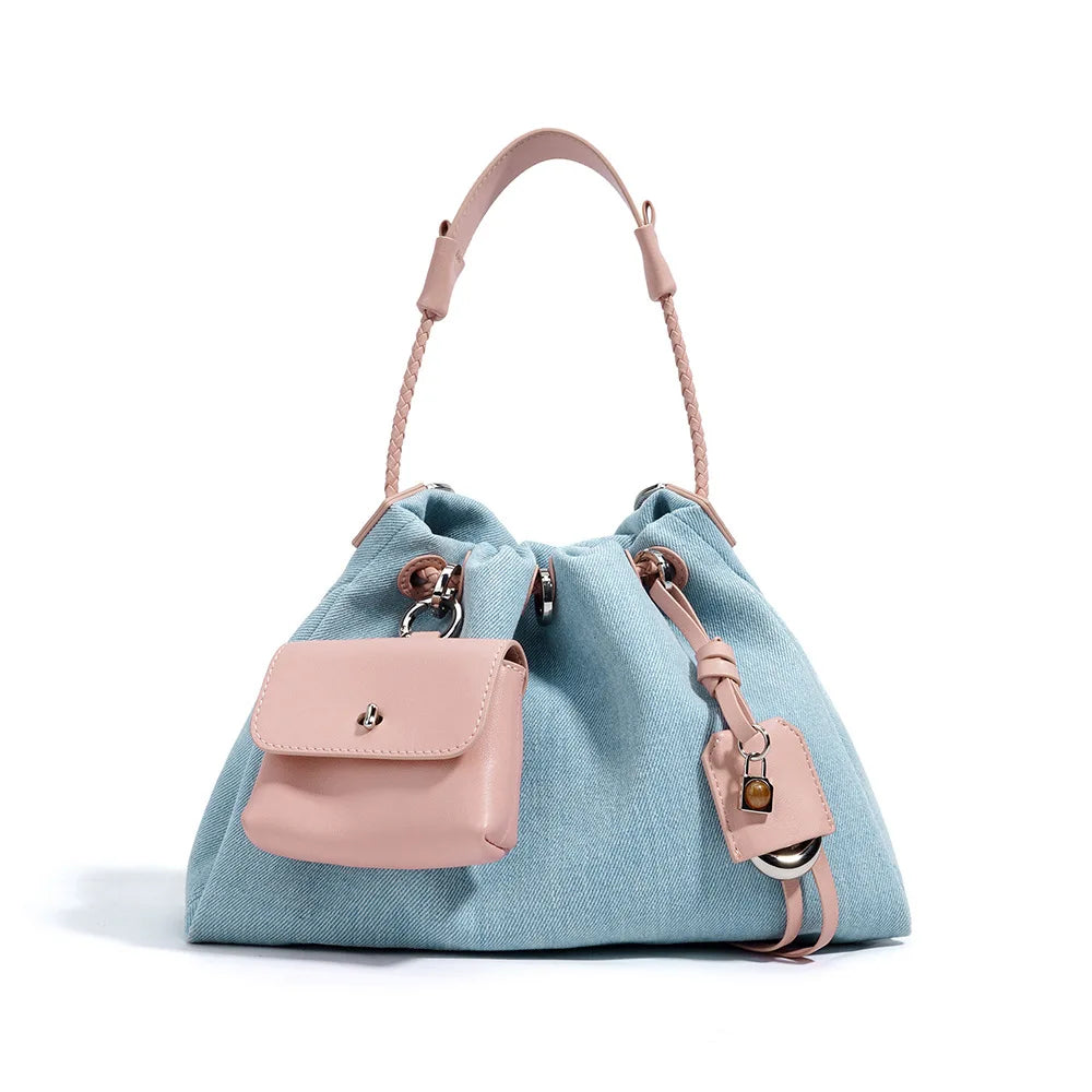Denim Pouch Handbag With Wallet Long Strap Shoulder Bag