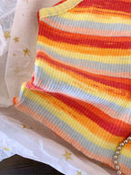 Striped Ribbed Knit Cami Top With Square Neck Sleeveless Rainbow Crop