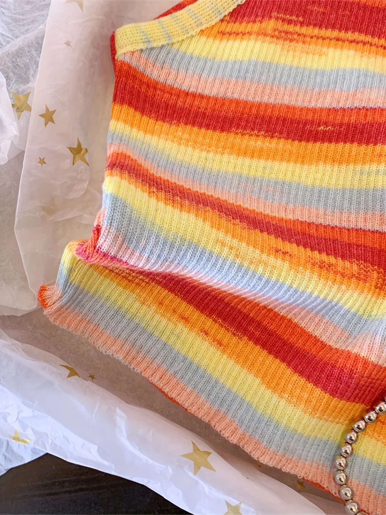 Striped Ribbed Knit Cami Top With Square Neck Sleeveless Rainbow Crop