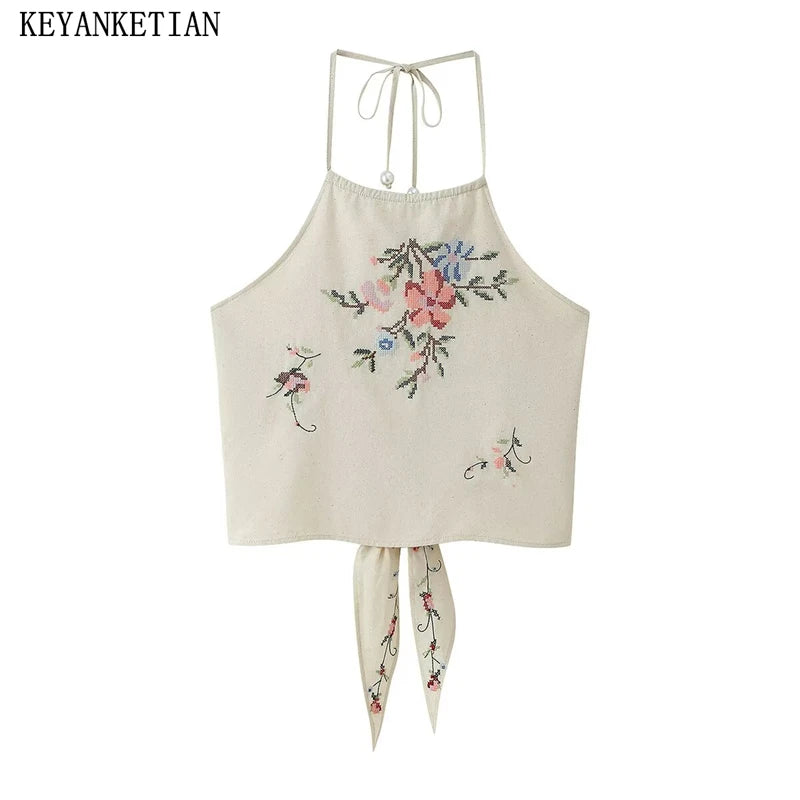 Sunny Floral Embroidered Beaded Tie Neck Halter Top