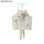 Sunny Floral Embroidered Beaded Tie Neck Halter Top