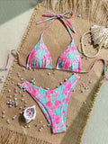 Petal Pink Print Two Piece Halter Bikini Set With Pendant Detail